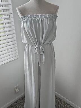 Strapless Light Sage Wide-Leg Jumpsuit with Tie Waist